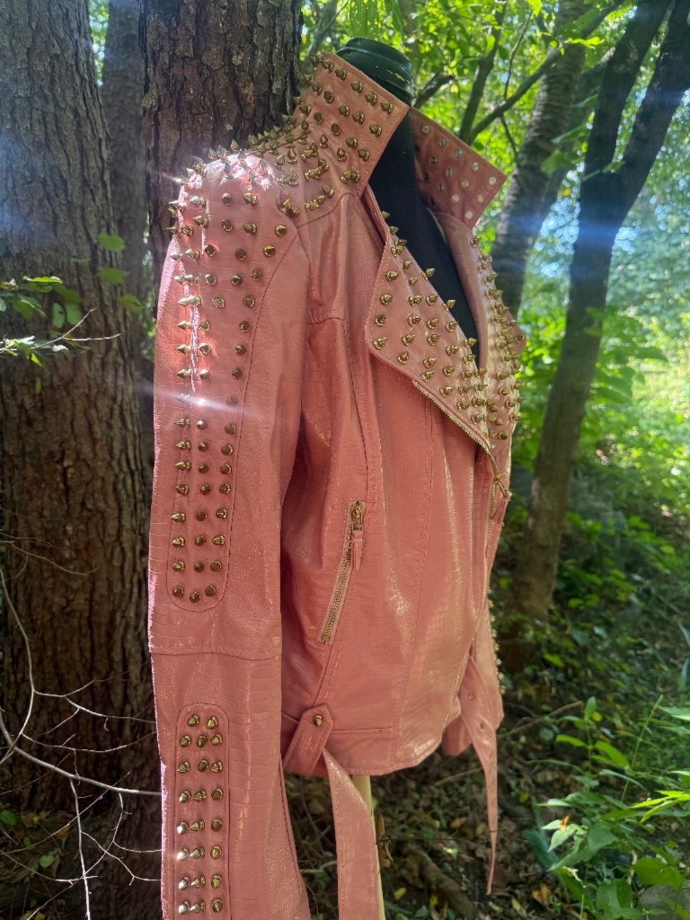 NWT SX Honey Pot Pink Faux Leather Spiked Studded Motorcycle Jacket Size 6 XL